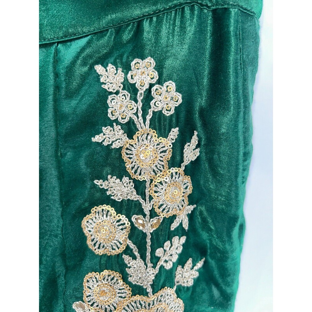 Women's Green Gold Satin Embroidered Indian Skirt With Beaded Drawstring - Picture 6 of 8